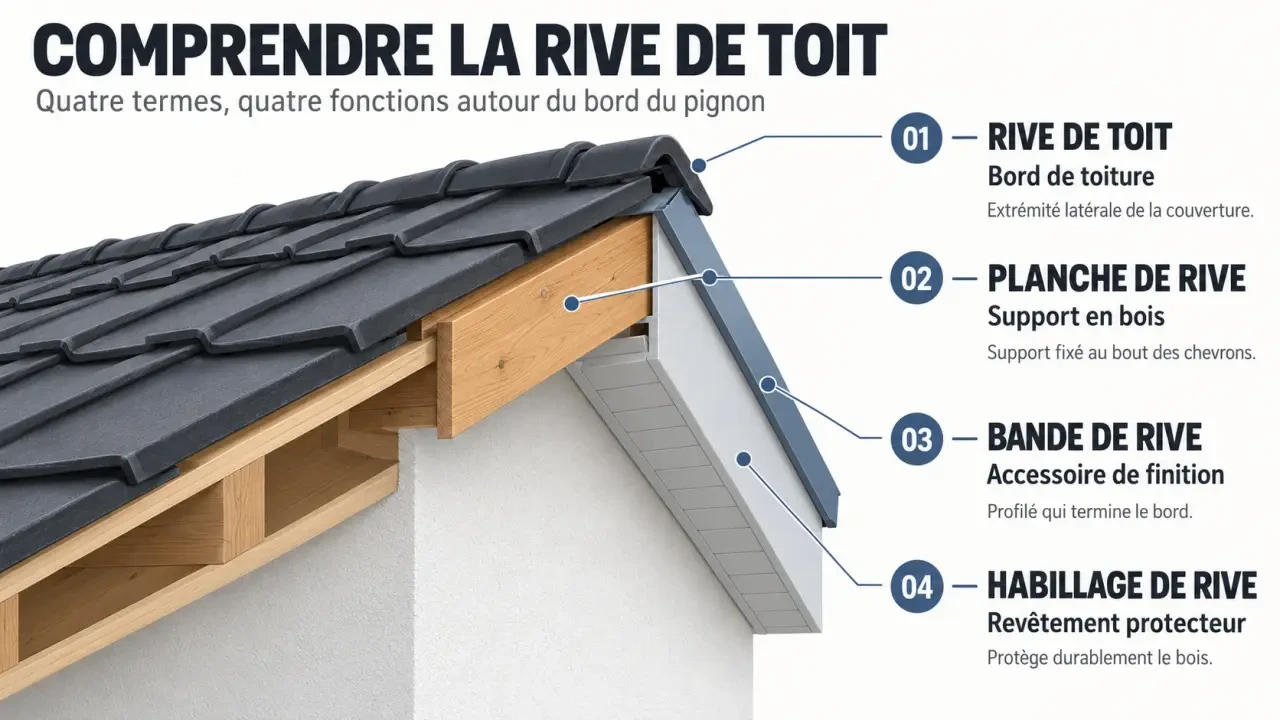 Infographie sur les rives de toiture, la planche de rive, la bande de rive et l’habillage