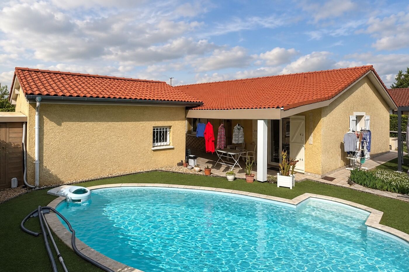 Après rénovation : maison de plain-pied en tuiles béton : du brun délavé au rouge franc